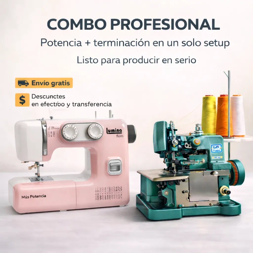 Combo Flora: overlock semi industrial de 3 hilos junto a la recta familiar Lumina Flora