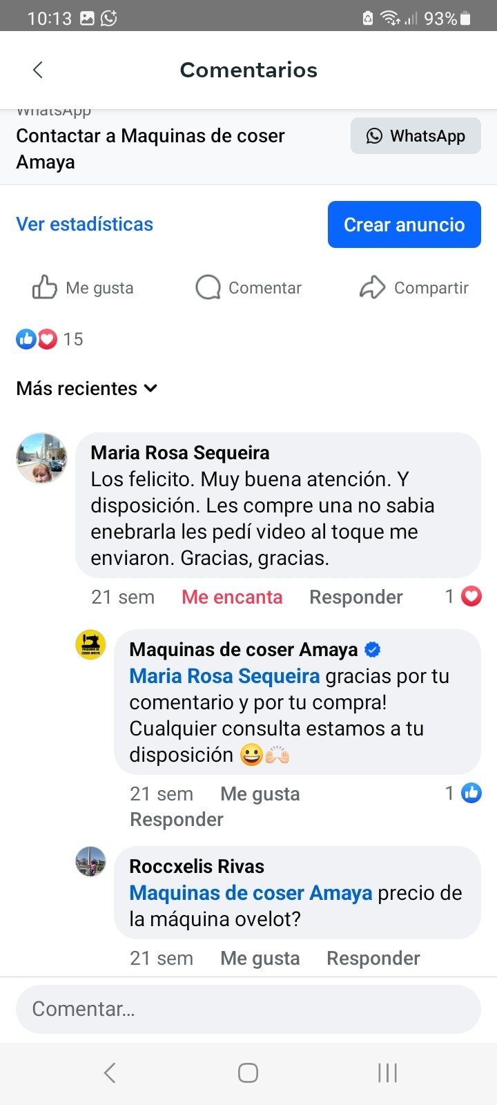 Comentario de Facebook de María Rosa: No sabía enhebrarla, pidió un video y se lo mandamos al toque.